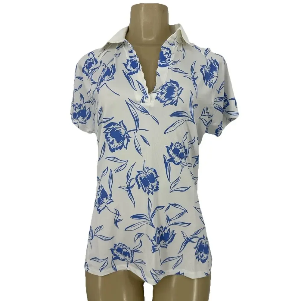 Ralph Lauren White Short Sleeve Polo Top with Blue Floral Print